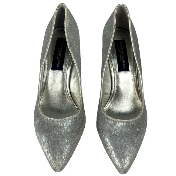 DONNA KARAN NY CRISS SILVER METALLIC PONY HAIR POINTED TOE BLOCK HEEL PUMPS - Picture 7 of 15